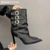 Leder Damen Mid-Calf Stiefel Spitz Sexy High Heels Schuhe 2025 Trend Wintermode Neue Pumps Schnalle Goth Botas De Mujer