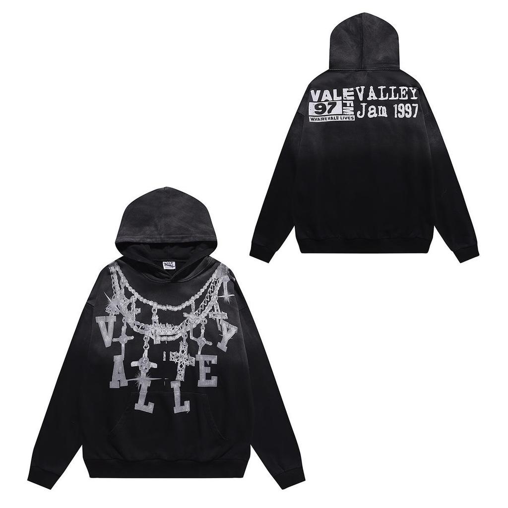 Unisex Retro Print Distressed Zipper Hoodie - Loose Fit, High Street American Style