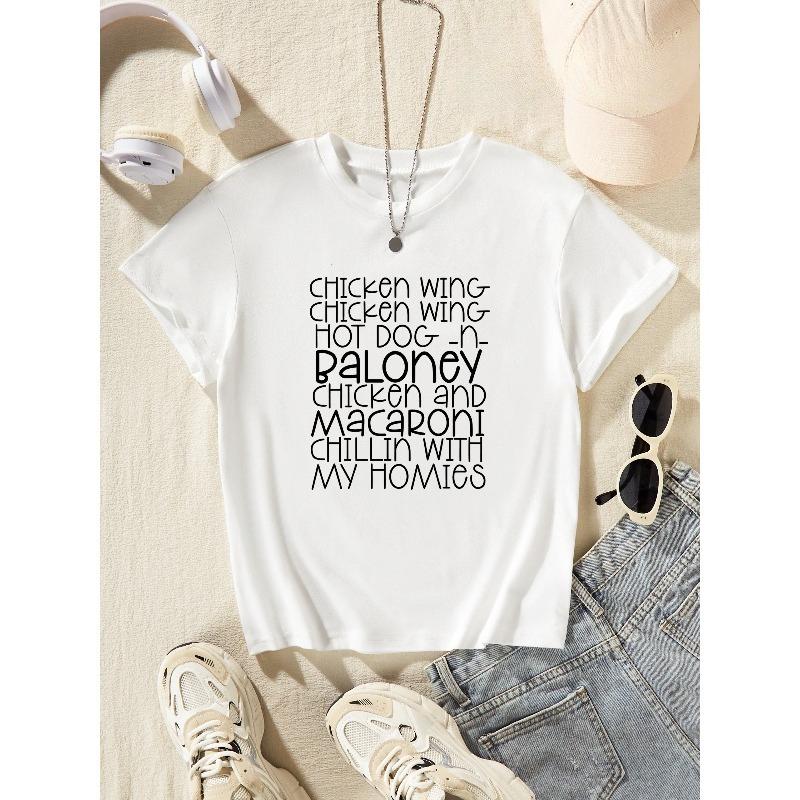 

European sizes Girls Summer Fashion Casual Chicken Wing My Homies Letter Printed T-Shirt, Short Sleeve Round Neck Top With Trendy Graphic Design 98cm белый