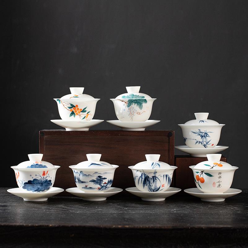Hand-Painted White Porcelain Cover Bowl Teacup Single High-Grade Ceramic Sancai Tea Bowl With Cover Large Non-Hot Kung Fu Tea Set
