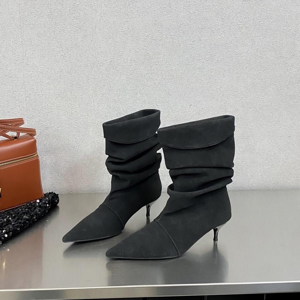 Pointed suede pleated western cowboy boots women's 2025 autumn new low-heeled kitten and short boots fashion stacking boots