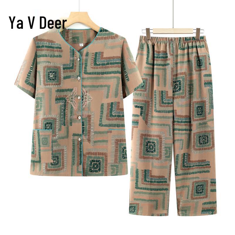 Yalu Mid-Aged Women s Plus Size Ice Silk Short Sleeve T-Shirt Set 4XL