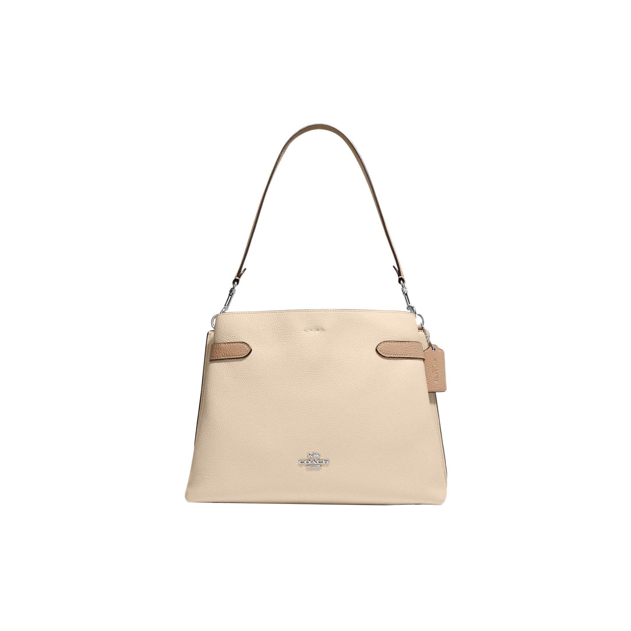 

Coach Hanna 30 Silver Metal Logo Magnetic Snap Pebble Leather Tote Bag Women tote Beige CH188-SVIO Basic Set (Bag+Dust Bag)