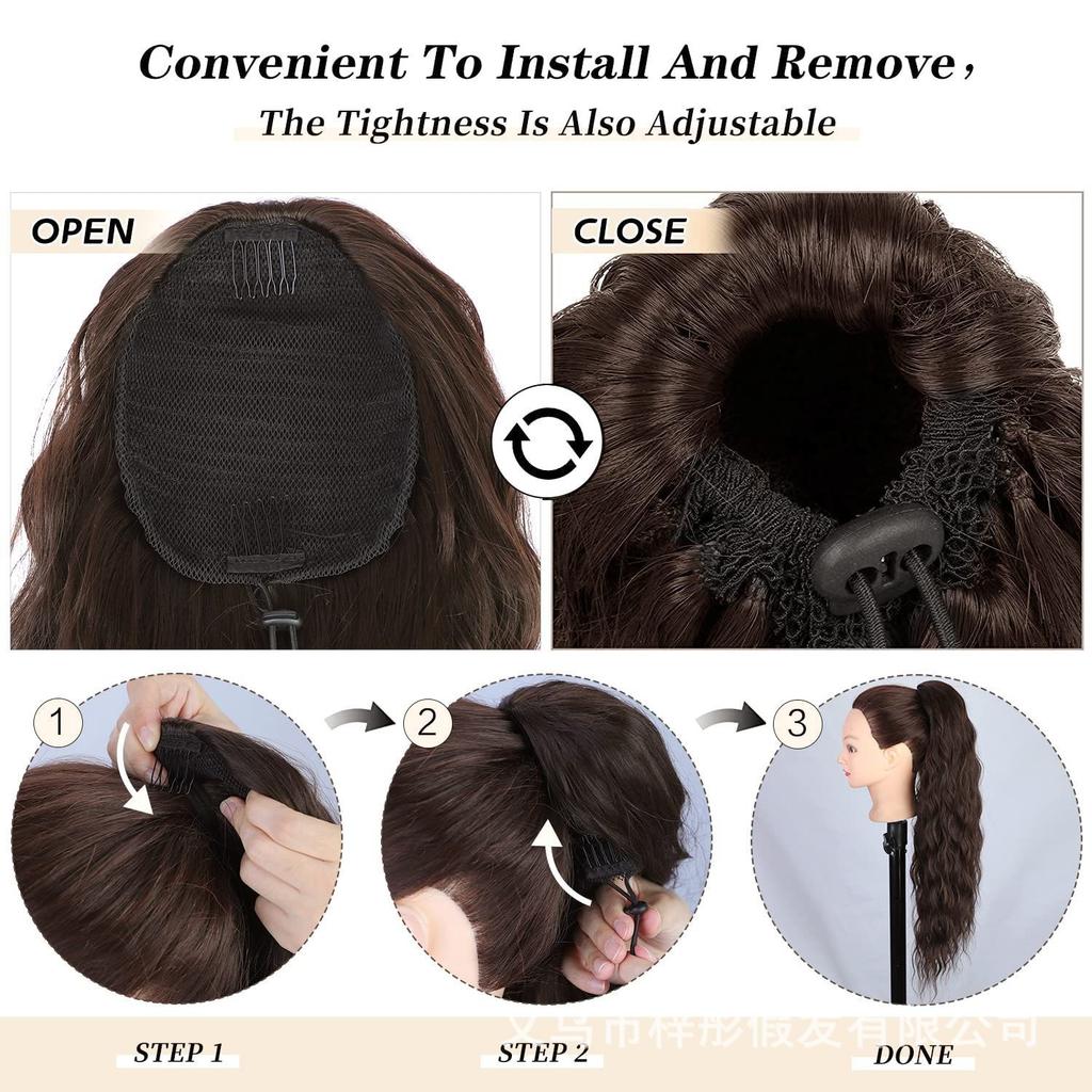 European American Wig Women Fluffy Long Curly Hair Corn Perm Wool Roll Drawstring Ponytail High Temperature Silk