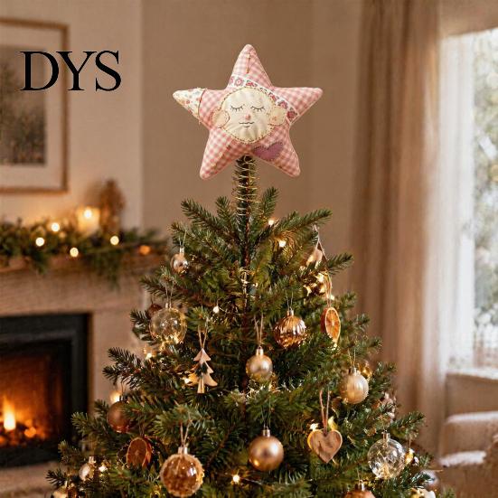 Plush Star Decor Christmas Tree Topper, Patchwork Stuffed Xmas Retro Pastoral Ornament for Winter Holiday Party Home Handmade Cloth Topper