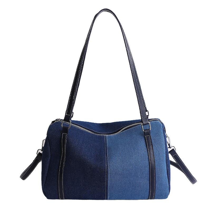 Contrasting-color Boston Pillow Denim Bag with Large Capacity and Single-shoulder Crossbody Design
