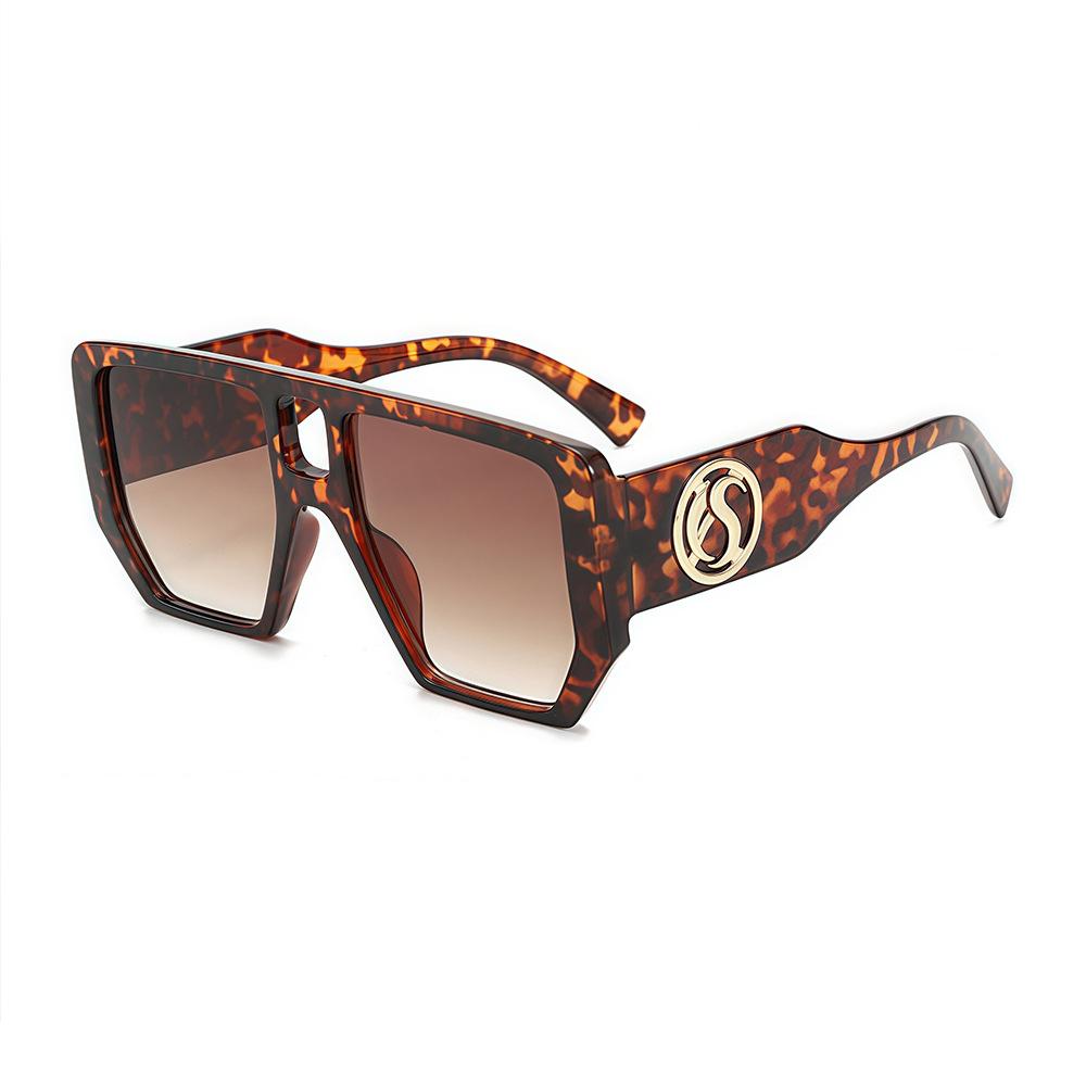 Retro Leopard Gradient Square Large Frame Women Sunglasses UV400 Double Beam Casual Street Style