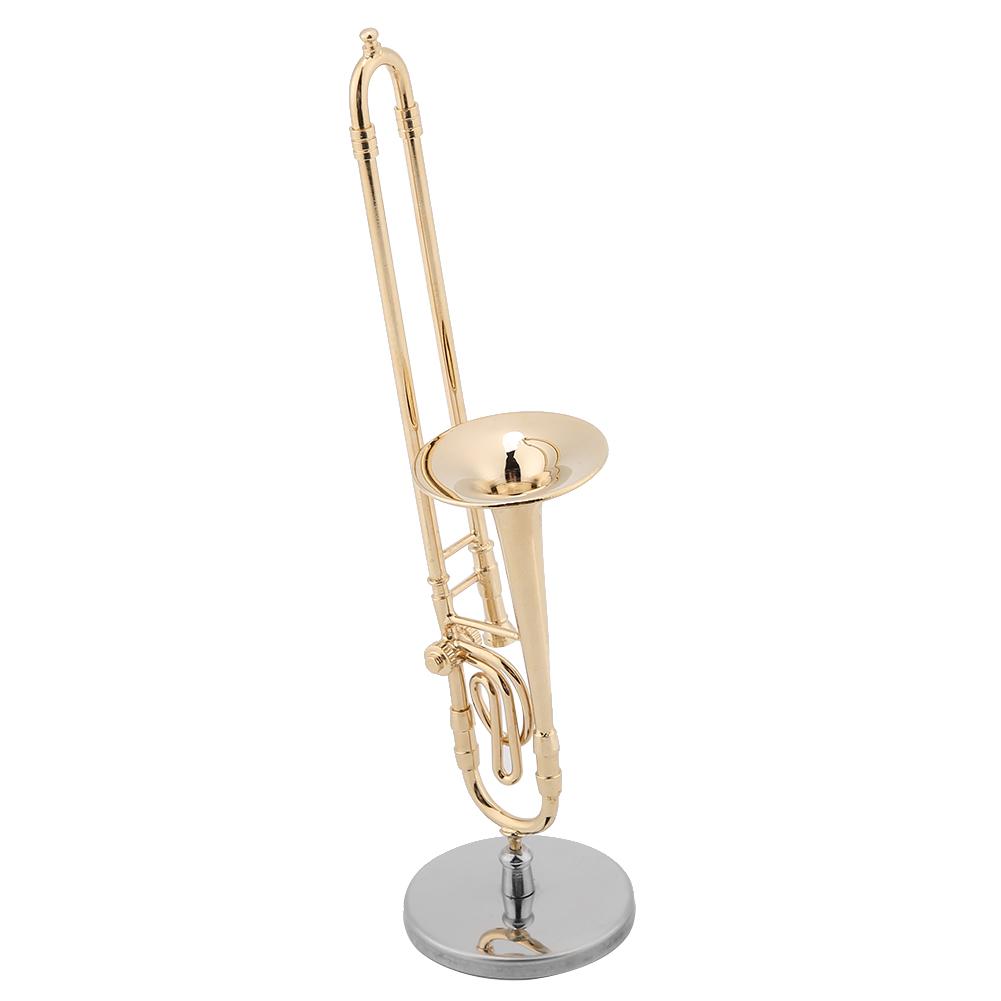 Miniature Trombone Replica with Stand and Case Gold Plated Instrument Model Musical Ornaments