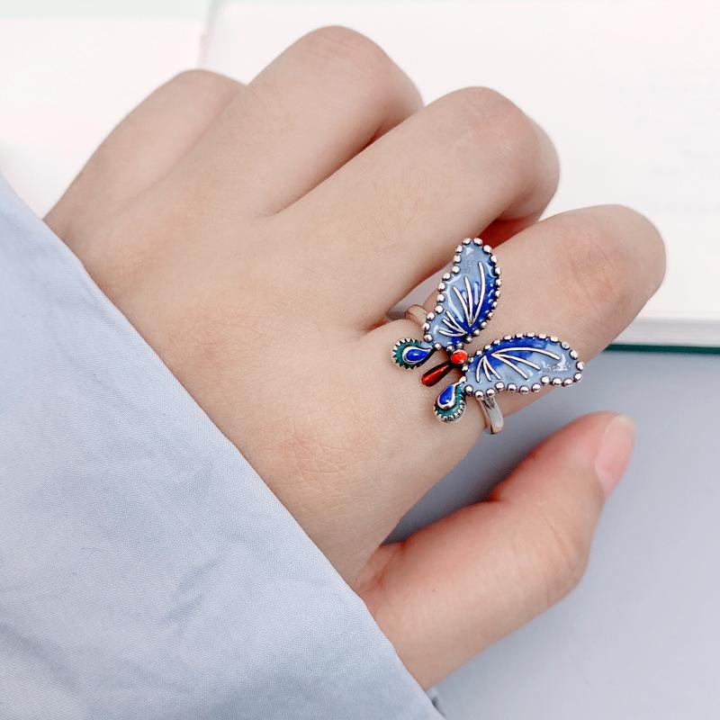 925 Sterling Silver Blue Butterfly Enamel Ring: Retro, Exquisite, Personalized Jewelry