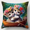 4 Cute Cat Print Pillowcases with Beautiful Floral, Butterfly, and Bird Pattern Designs. Modern Style, Single-sided Print, Zipper Closure, Hand Wash O