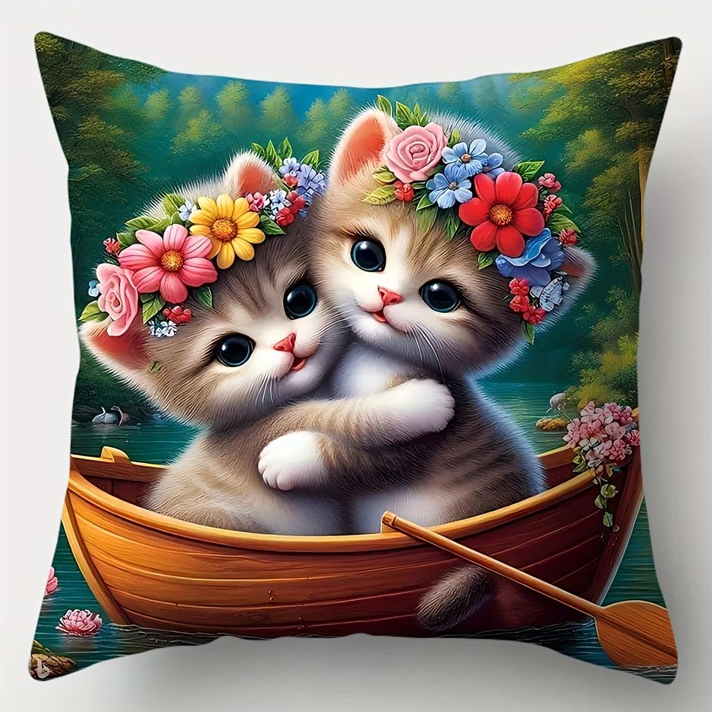 4 Cute Cat Print Pillowcases with Beautiful Floral, Butterfly, and Bird Pattern Designs. Modern Style, Single-sided Print, Zipper Closure, Hand Wash O