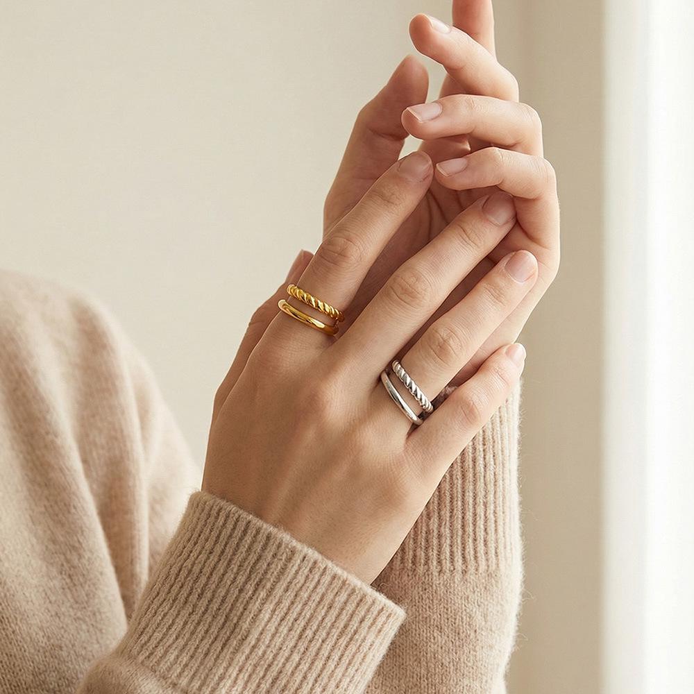 18K Gold Plated Cable Knit Double Layer Open Ring – European & American Fashion