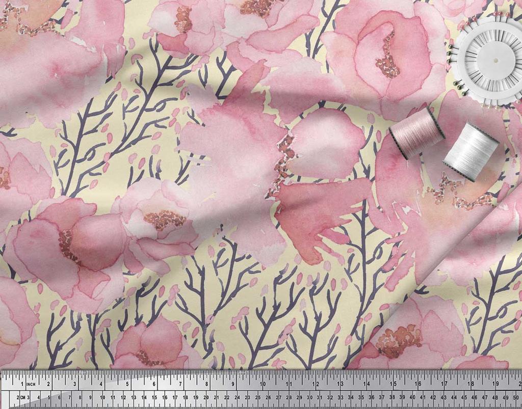 Soimoi Japan Crepe Satin Fabric Peony Watercolor Printed Craft Fabric by the metre 42 Inch