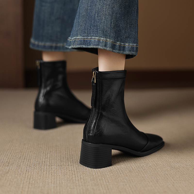 Krazing Pot Microfiber Square Toe Thick Heels Chelsea Boots Size 42 Zip Women Concise Style Elastic Ankle Boots