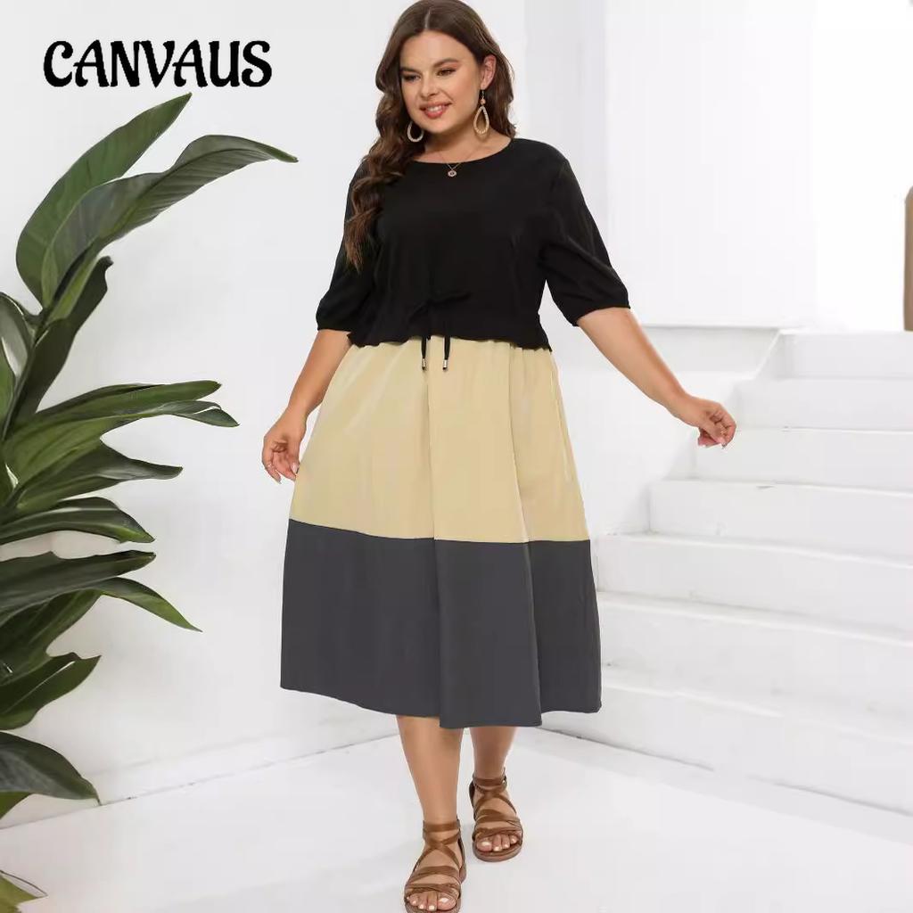 Frühlings- und Sommerkleid für Damen in Übergröße, Rundhalsausschnitt, kurze Ärmel, Farbblockierung, schmale Taille