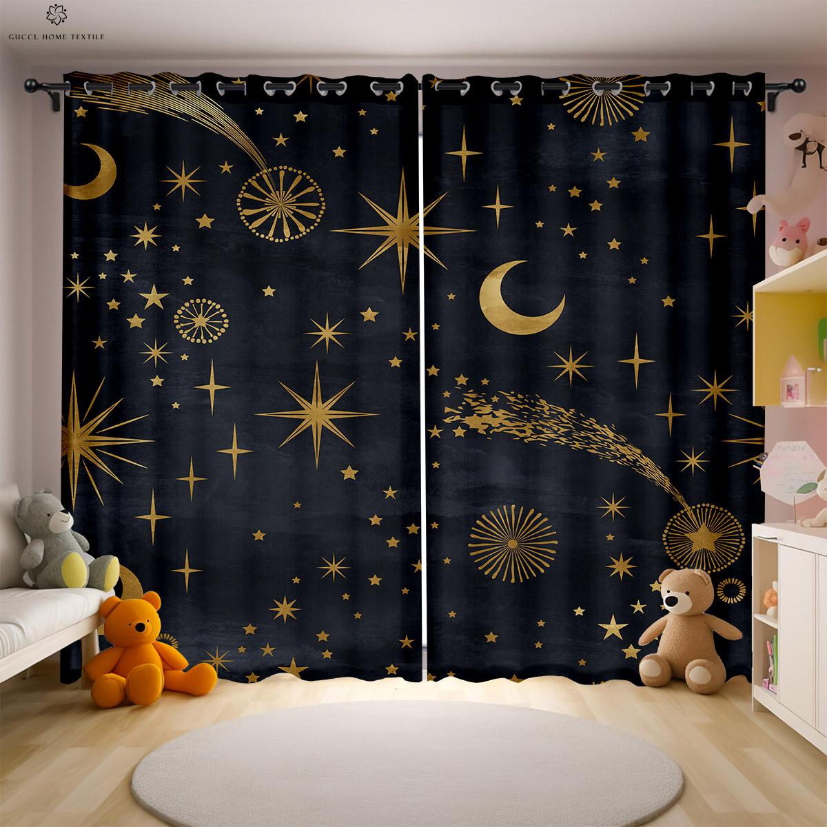 

Cartoon Stars, Moon And Clouds Printed Drapes For Children s Room Decoration Curtains Polyester Fiber Easy To Wash And Care W50xH130(CM)x2PCS&Rod pocket