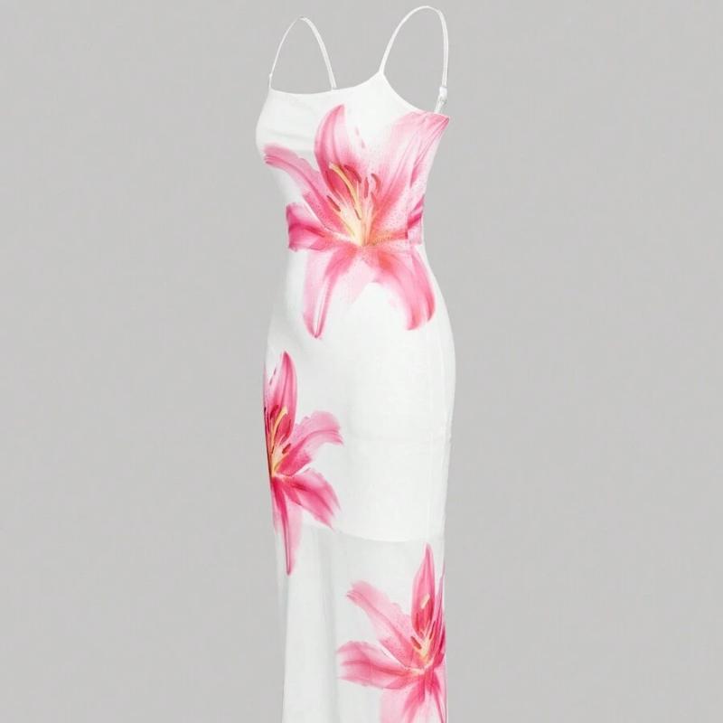 Été sexy coupe slim imprimé floral bretelles sac fesses style plage robe moulante et douce