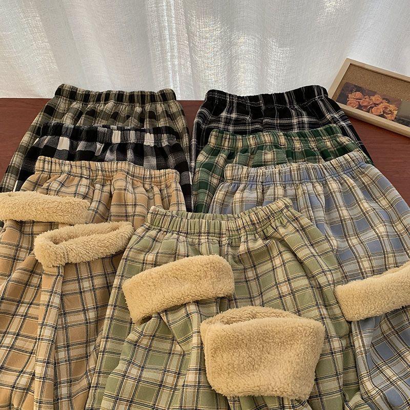 Winter Thick Plaid Pants Women Korean Fashion Warm Loose Wide Leg Trousers Student Y2K Causal High Waist Pants Outwear