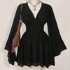 New deep V waist dress, horn sleeves, short fashion mesh sexy solid color skirt