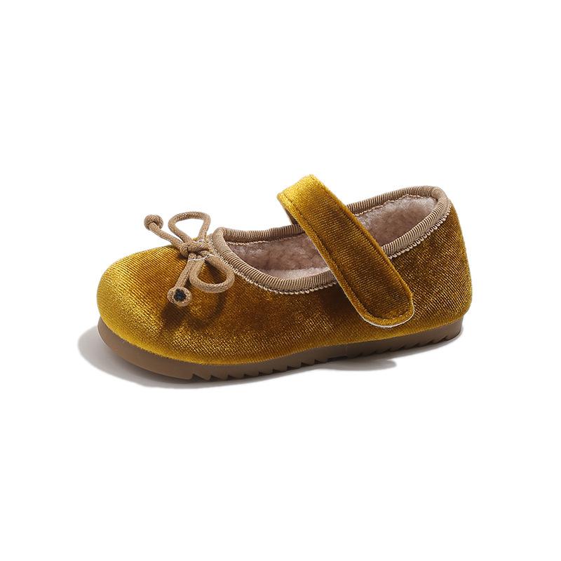 Autumn/Winter Girls' Bow Cotton Baby Flats, Versatile Velvet Low-Cut Princess Shoes