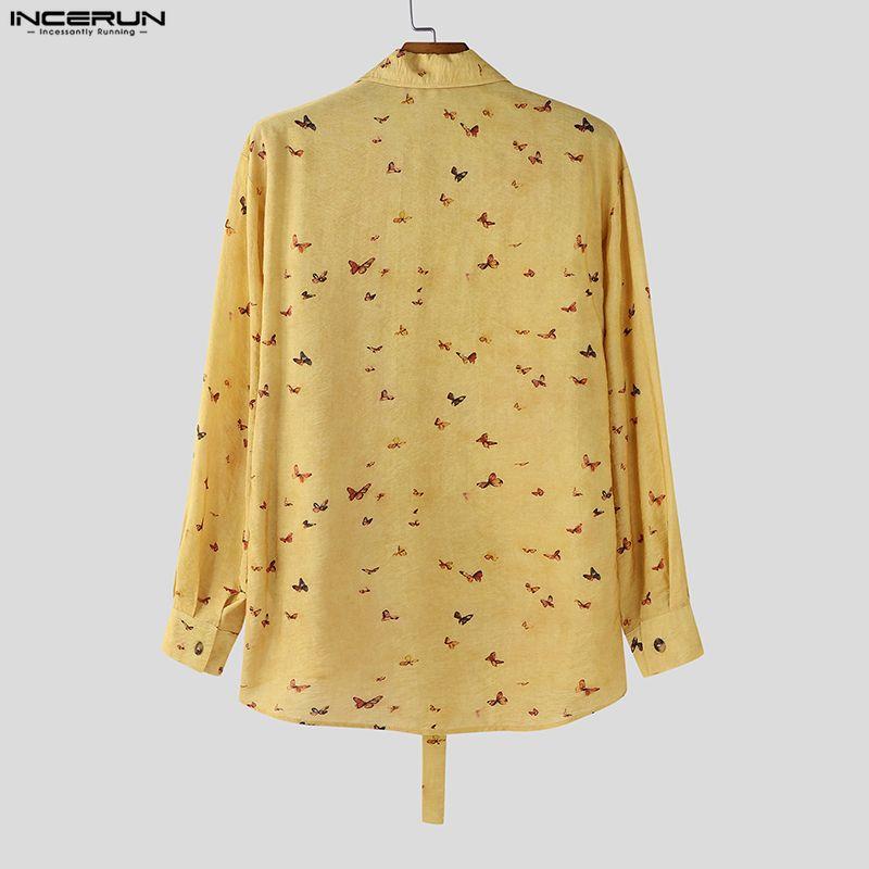 INCERUN Oversized Men Lapel Neck Long Sleeve Floral Print Buttons Casual Loose Shirts