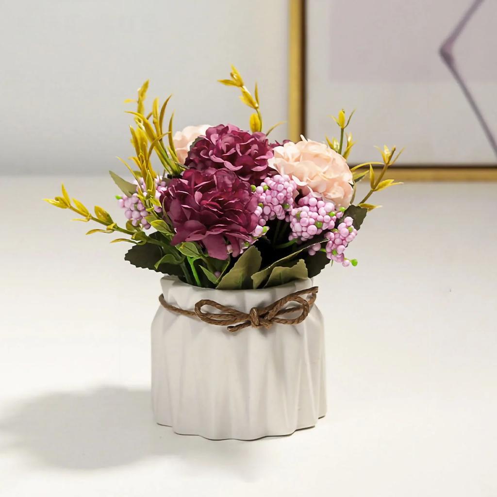 Artificial Fake Potted Flowers Bouquet Hydrangea With Vase For Dining Table Home Decoration