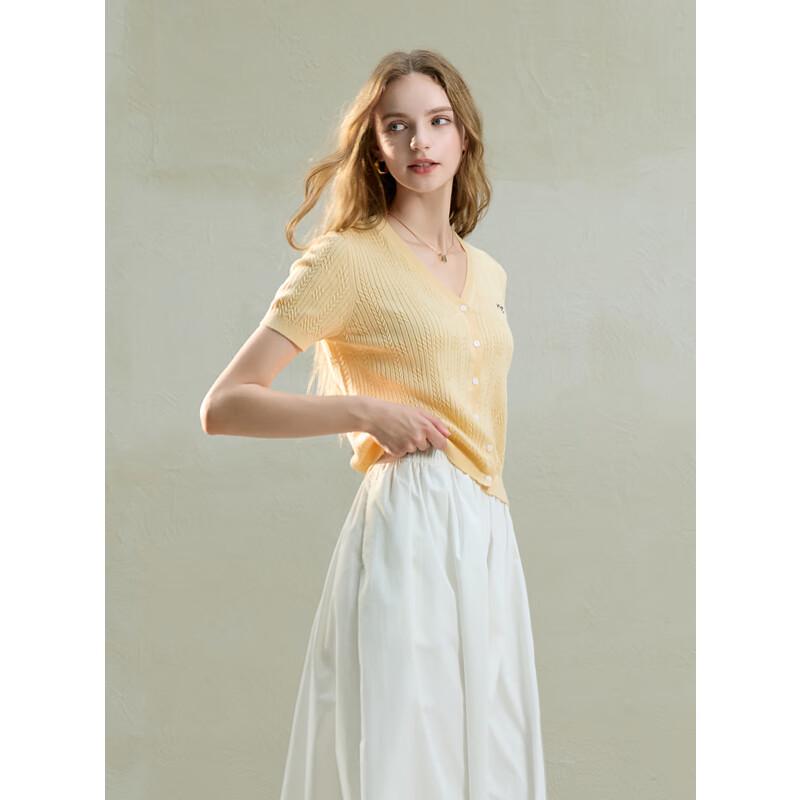 SanCai 2025 Autumn Lyocell Embroidered Slim Fit V-Neck Short Sleeve Knit Top