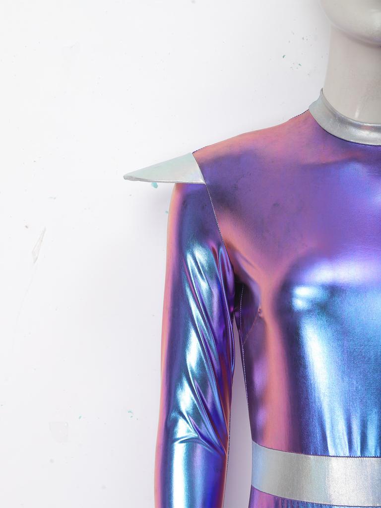 Rollkragen Langarm Metallisch Farbblock Body Unsichtbarer Reißverschluss Hinten Trikot Damen Alien Cosplay Bühnenperformance Kostüm