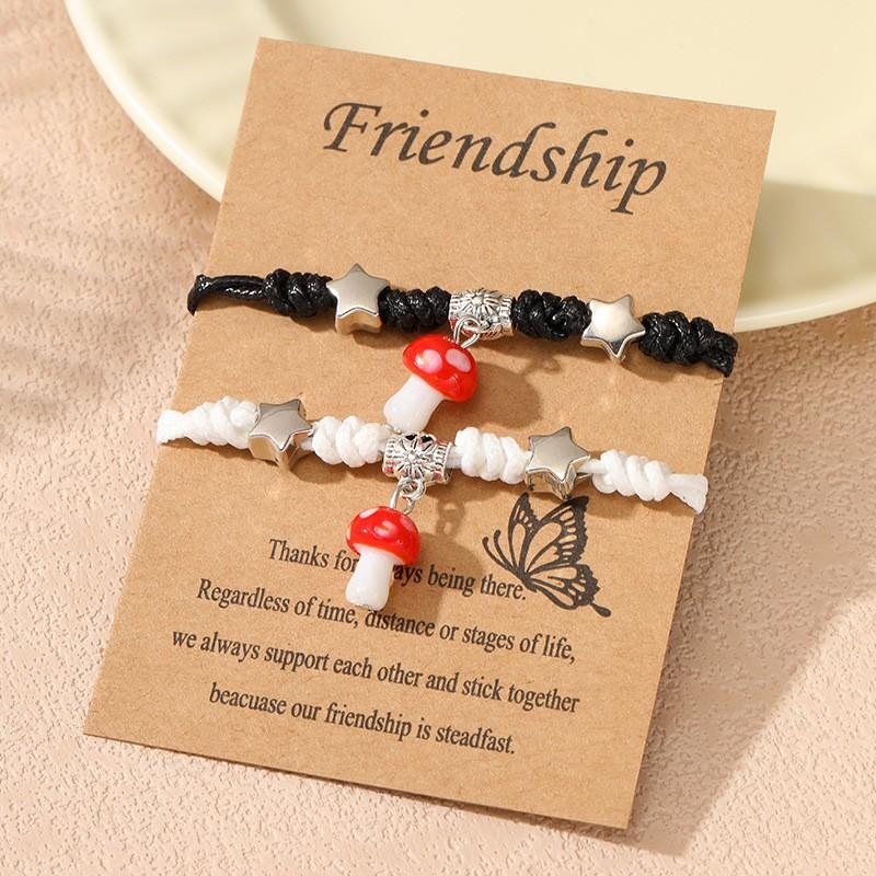 A pair of woven small mushroom couple bracelets, male and female student girlfriends, purely handmade jewelry.