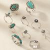 10pcs Trendy Western Style Rings Set for Women Men Vintage Turquoise Bull Head Lotus Sun Design Ring Daily Outfits Jewelry Gifts
