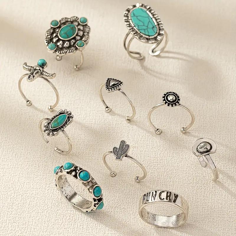 10pcs Trendy Western Style Rings Set for Women Men Vintage Turquoise Bull Head Lotus Sun Design Ring Daily Outfits Jewelry Gifts