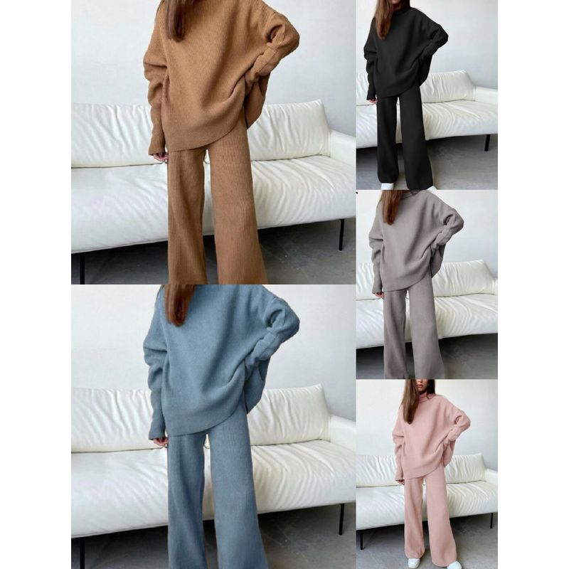 Women's Casual Two-Piece Suit, Long Sleeve, Wide-Leg Pants, Loose Turtleneck, Knitted, European and American Fashion
