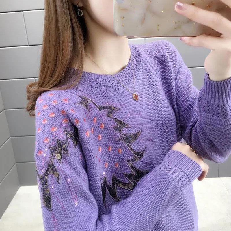 Loose spring and autumn women's hollow topShort round neck embroidered knitted sweater versatile and fashionable base shirt