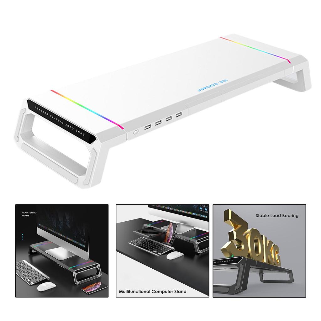Aluminum RGB Monitor Stand Riser Bracket with 4 USB Ports Desk Organizer All-In-One Computer Laptop Height Stand Holder