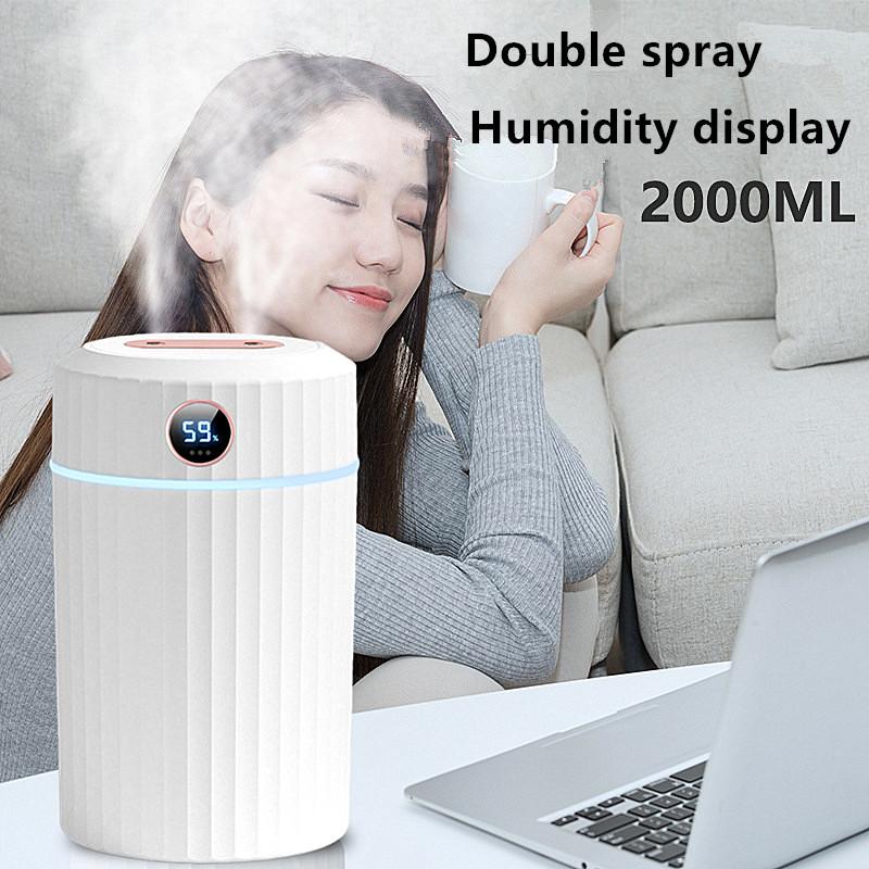 Umidificatore d'aria 2l Doppio ugello Diffusore di aroma e fragranza per oli essenziali Diffusore per aromaterapia a ultrasuoni con display dell'umidità