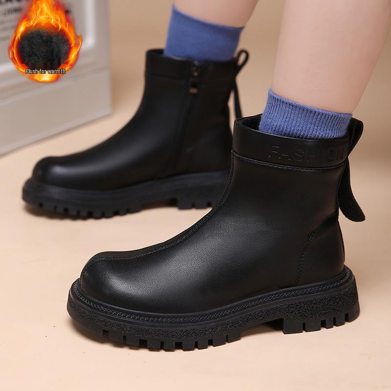 Girls High-Top Velvet-Lined Leather Boots - Autumn/Winter 2025 Fashion Collection 38