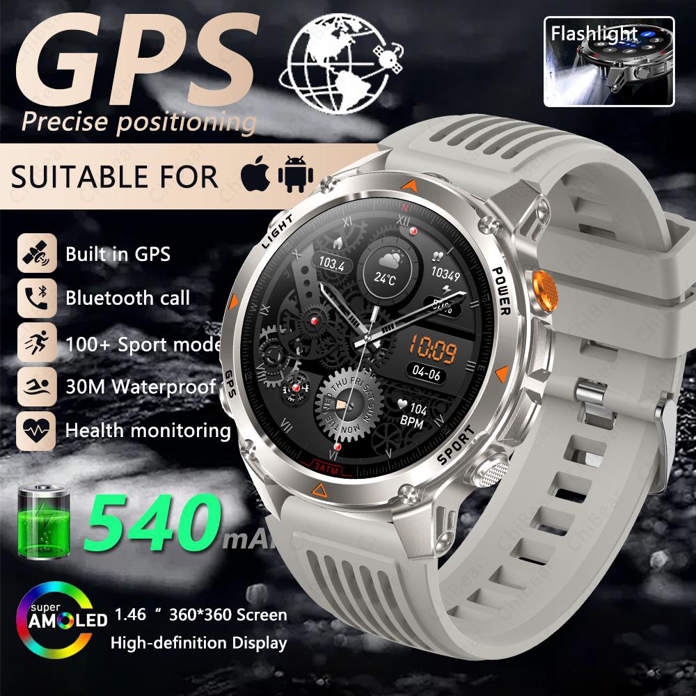 

Outdoor Sports Smart Watch Men Built-in GPS LED Flashlight 540mAh Compass Bluetooth Call 5ATM Waterproof Smartwatch Gift New