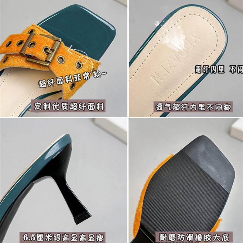 Fashion Metal Belt Buckle Designer Women Slippers Sexy Open Toe Thin Heeled Slide Sandals for Women Fashion Mixed Color Mules Sandals