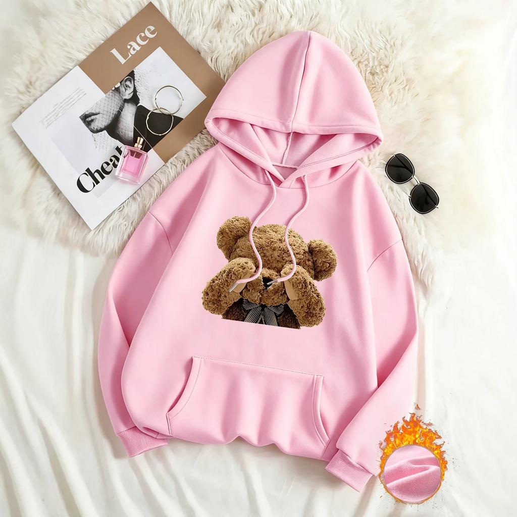 Women's eye-covering teddy bear print hooded sweater autumn and winter velvet loose oversize women's hoodie