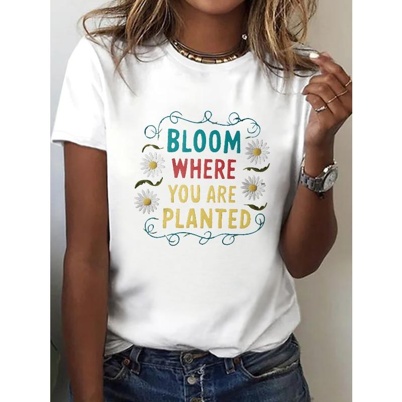 daisy Bloom Where You Are Planted print t-shirt, short sleeve crew neck casual top for summer & spring, Women s clothing, Seasonal Clothing S белый