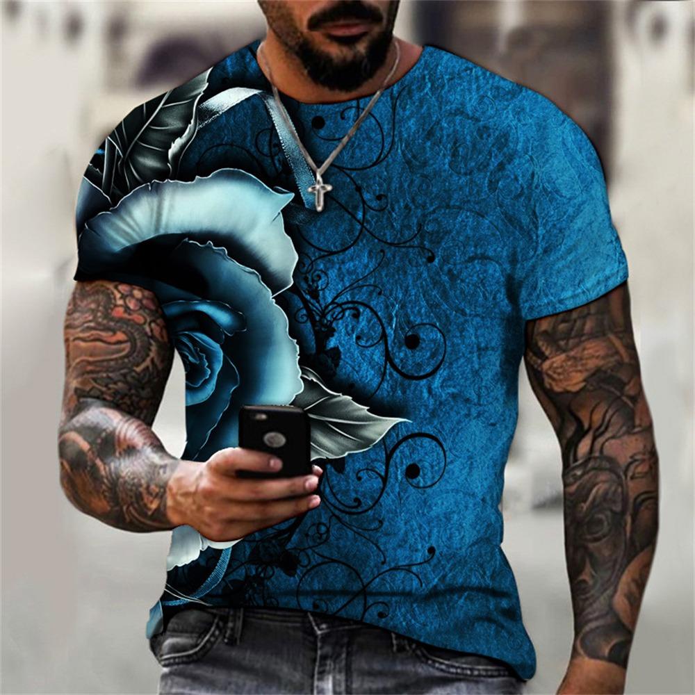 2025 Summer Men T-shirt 3D Graphic Bright Rose Print Vintage T Shirt Men Women Tshirt Casual Short Sleeve O-neck Streetwear