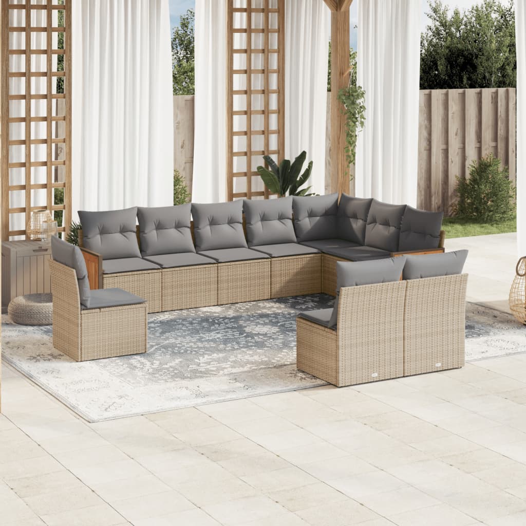 Vidaxl 10-Cz. Garden Furniture Set With Cushions, Beige, Poly Rattan