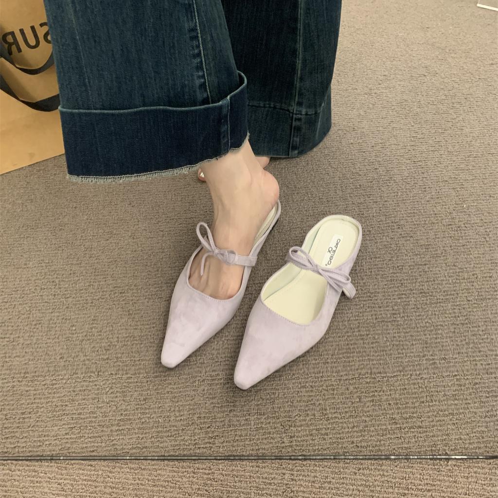 Fashion Female Shoes Ladies' Slippers Flock Cover Toe Luxury Slides Butterfly-Knot 2025 Designer Pointed Butterfly-knot Mary Janes