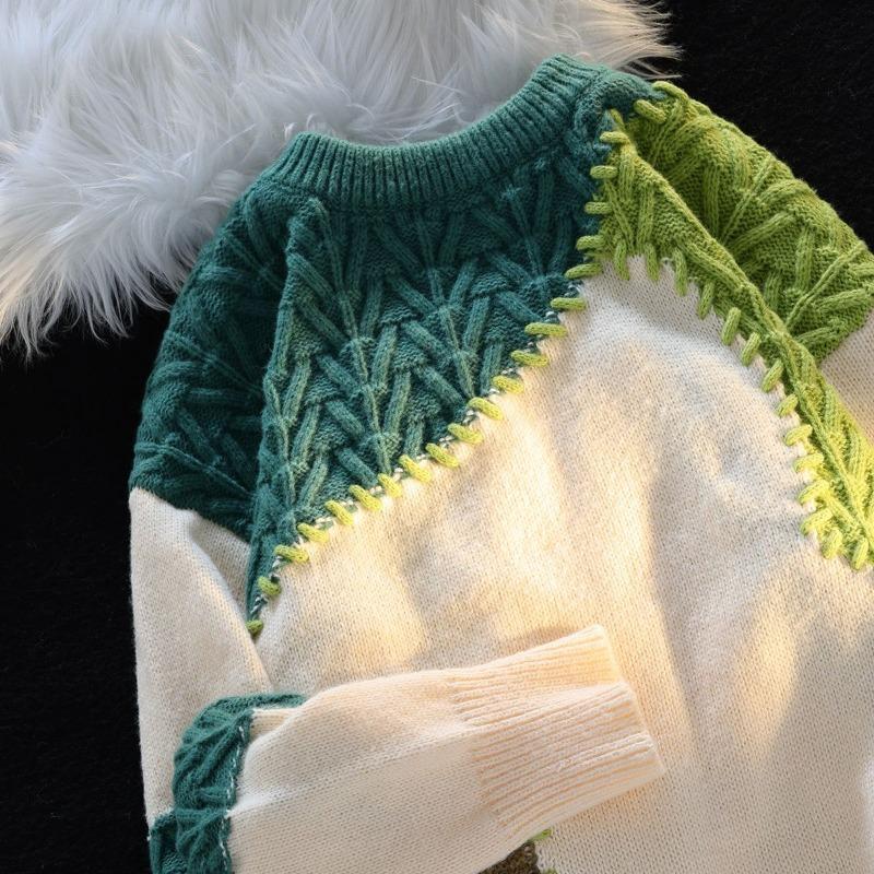 Design Sense Niche Color Matching Pullover Sweater Female Autumn and Winter Loose Soft Glutinous Knit Sweater Pullover Female