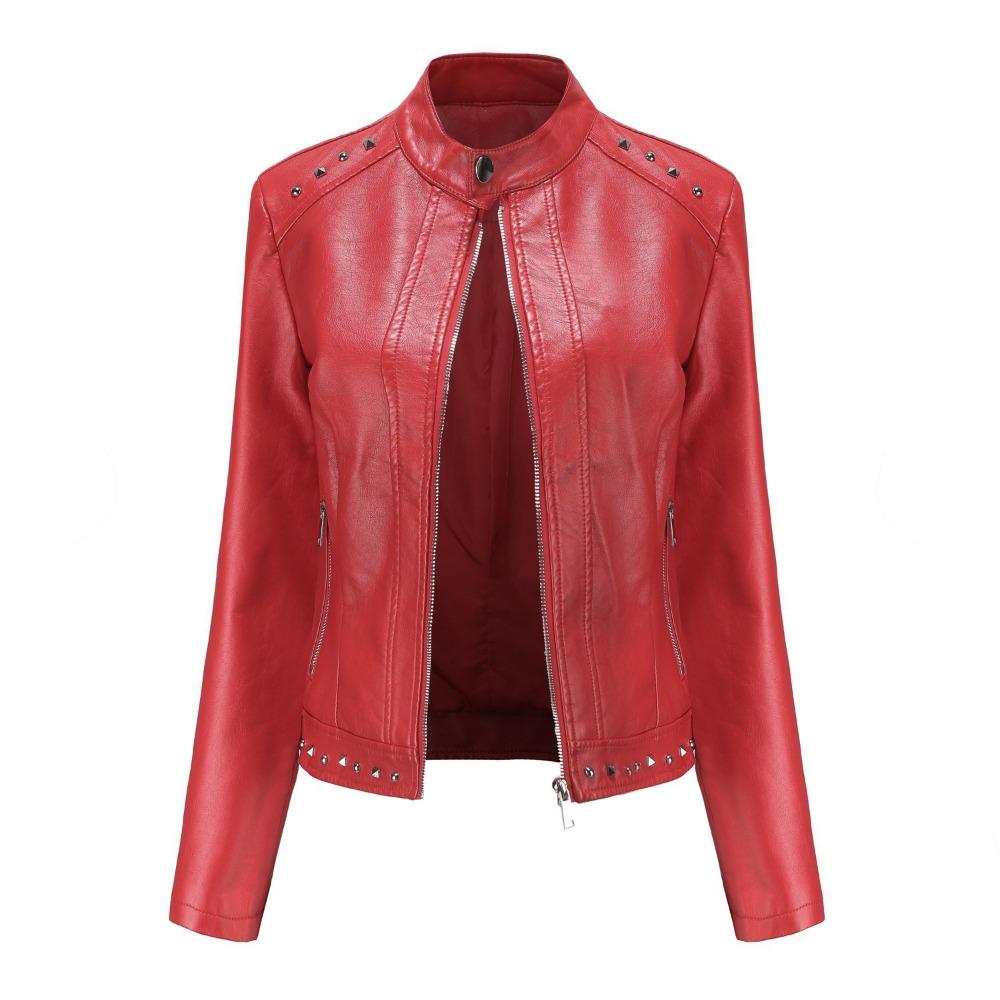 New Rivet Fashion Stand Collar Leather Coat Women's Solid Color Casual Jacket Women's Spring and Autumn Coat Women's Clothing