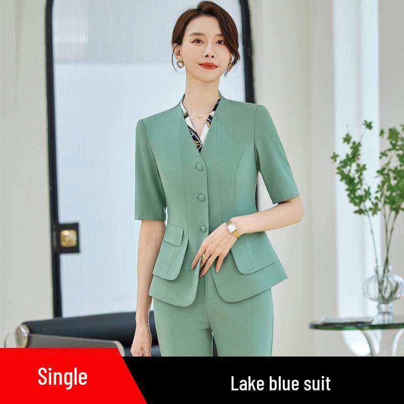 Women's Black Short Sleeve Professional Suit Set for Summer - Elegant Front Desk and Salon Workwear