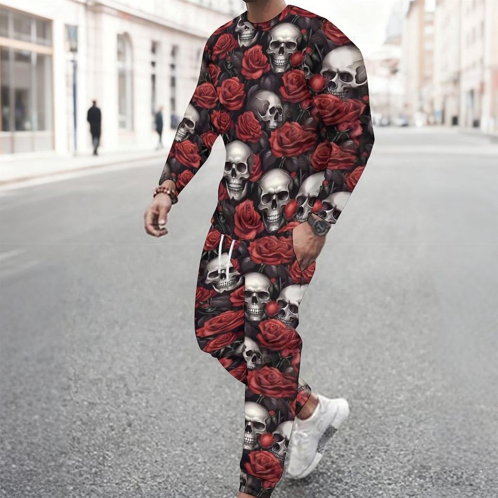 Men Black Base Pink Rose Skull Full Print Long Sleeve Sweatshirt And Drawstring Jogger Pants Two Piece Suit