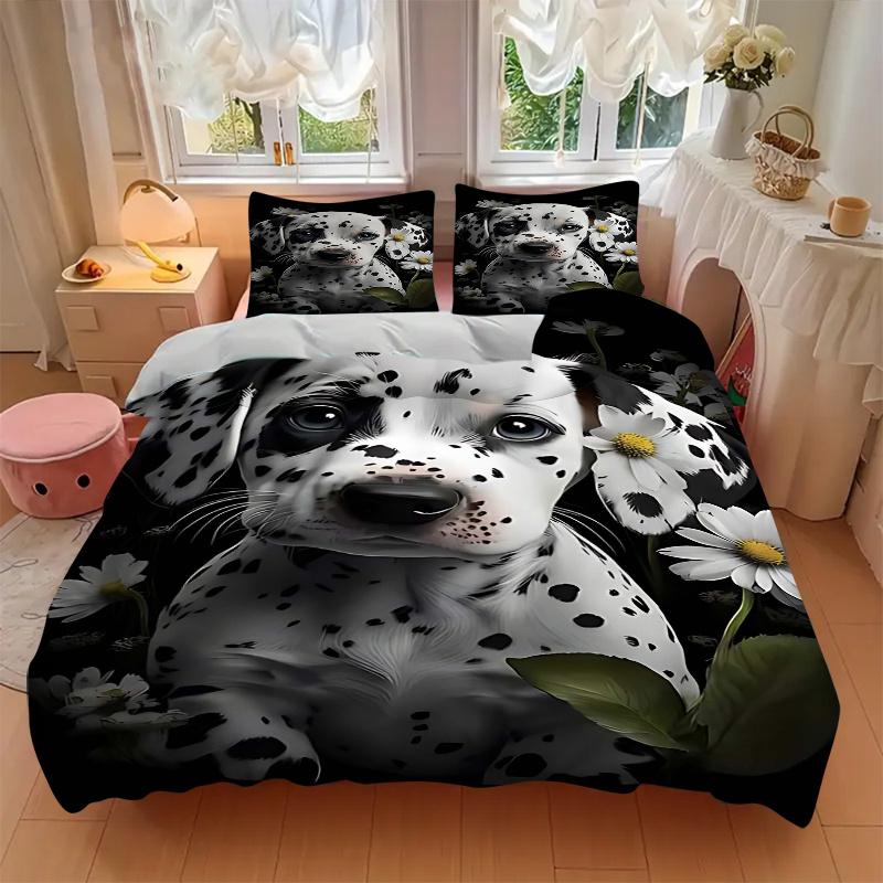 3pcs Dalmatian Puppy with Daisies Comforter Set, Includes One Quilt Cover and Two Pillowcases (No Core), Anime Cartoon, Bedroom and Guest Room