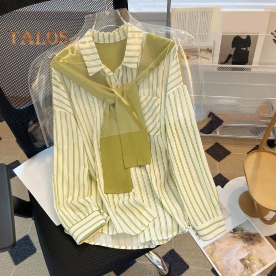 Dámská košile s dlouhým rukávem, vertikálně pruhovaným falešným dvoudílným designem, šálovými zády, volným střihem, knoflíky, topy