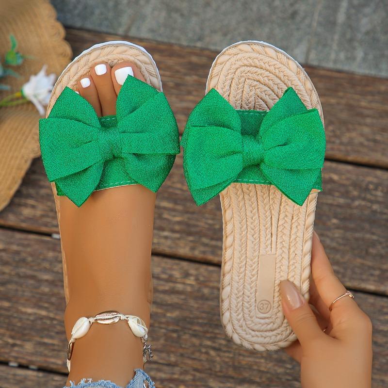 Women's Beige Bowknot Flat Slides - Stylish Open-Toe Non-Slip Summer Beach Sandals, Comfortable EVA Sole for Casual Attire